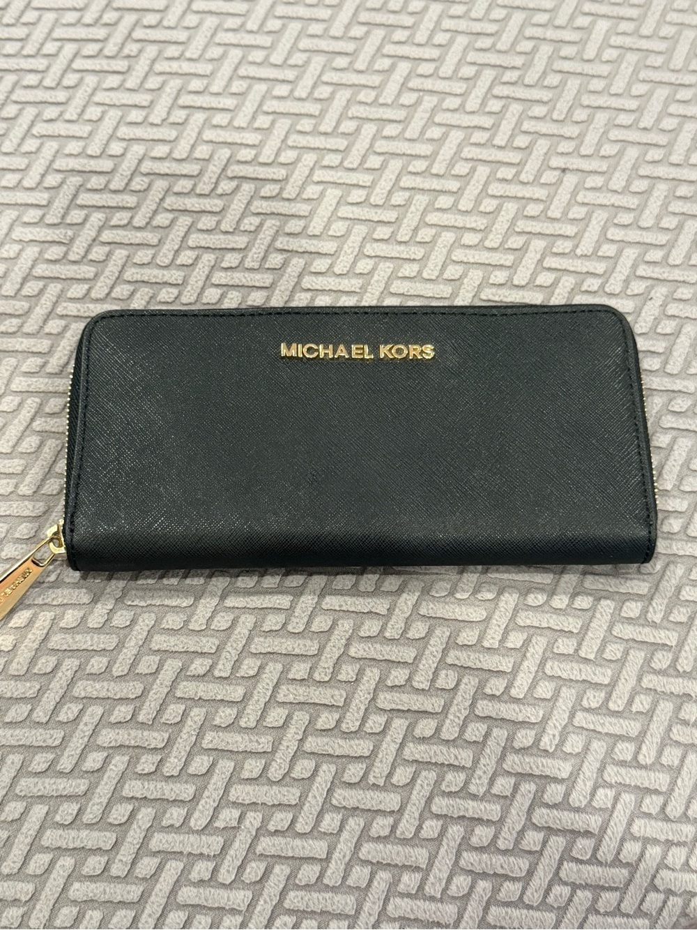 Michael Kors Black Saffiano Zip Wallet with Gold Logo